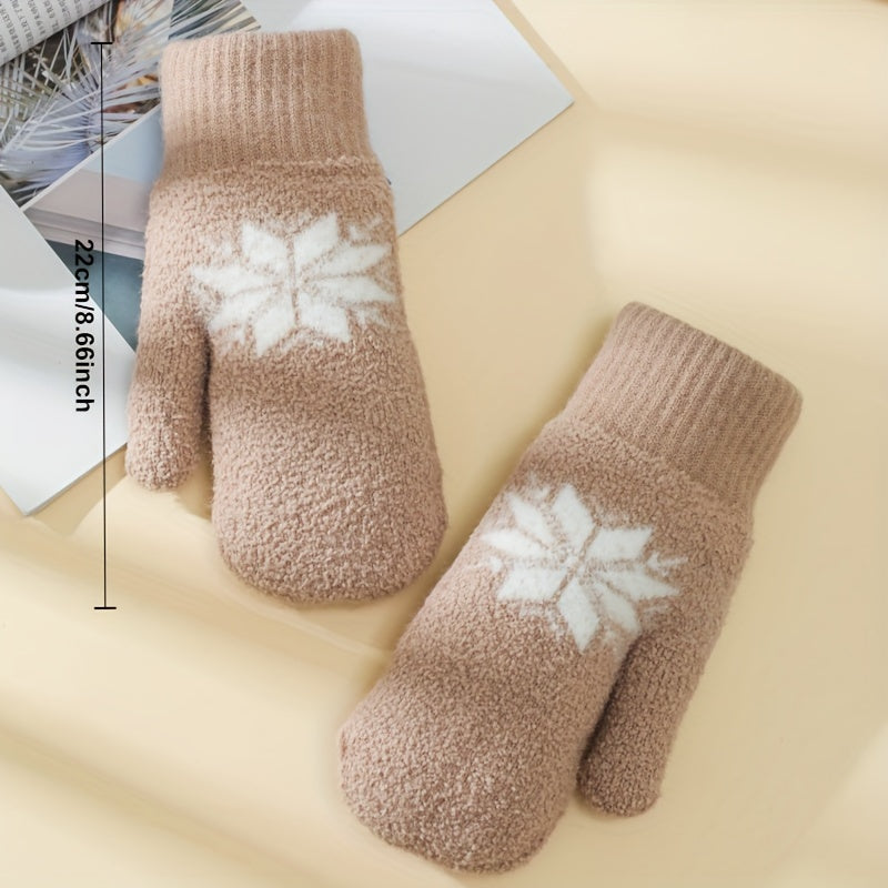 1 Pair Cashmere-Blend Knitted Mittens - Soft Beige Snowflake Design Winter Gloves, Thick Warm & Windproof for Outdoor Use, Hand Wash or Dry Clean, Winter Clothes